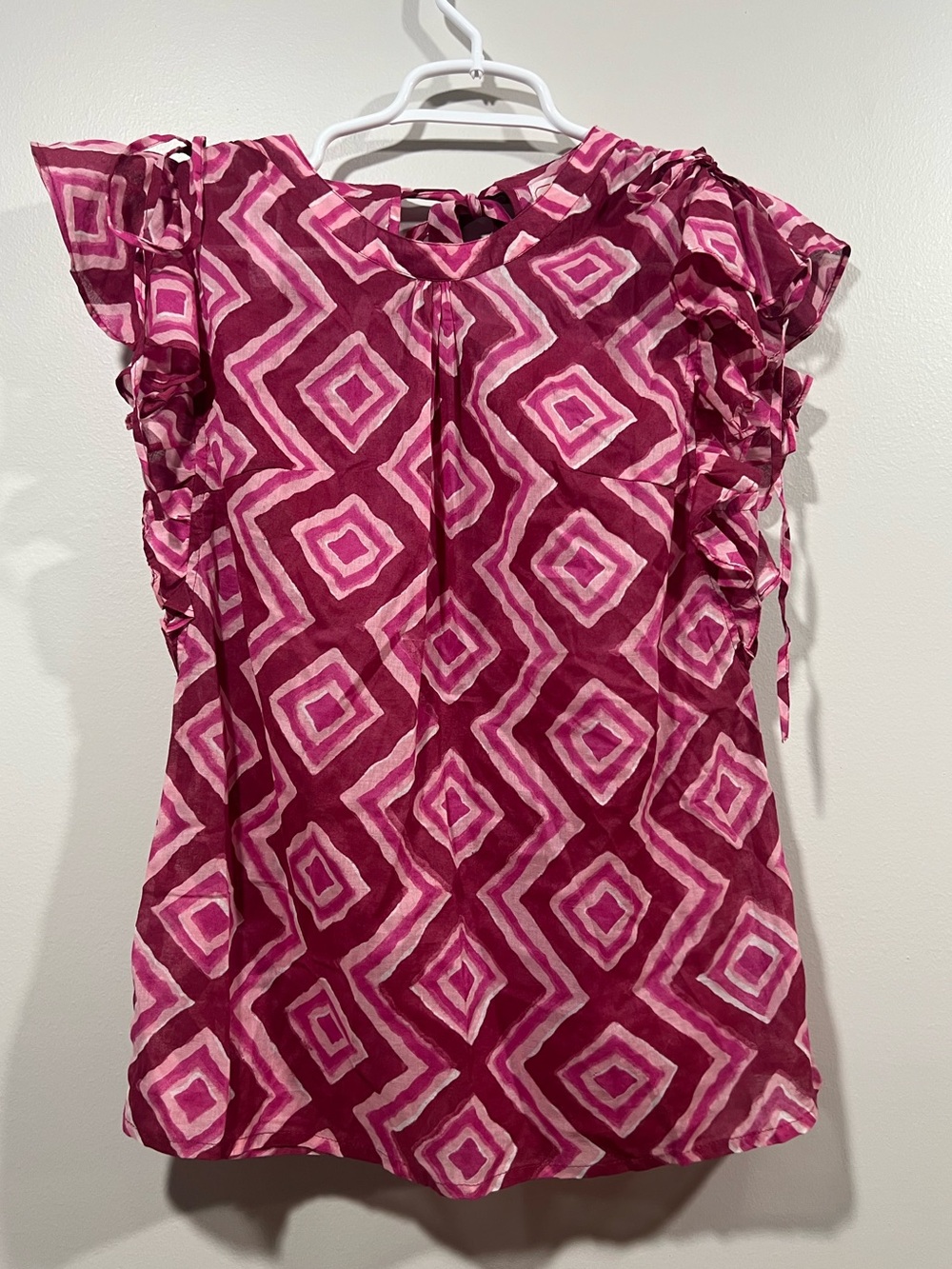 Banjanan Cotton Pink Geometric Ruffle Sleeve Blouse Size XS
